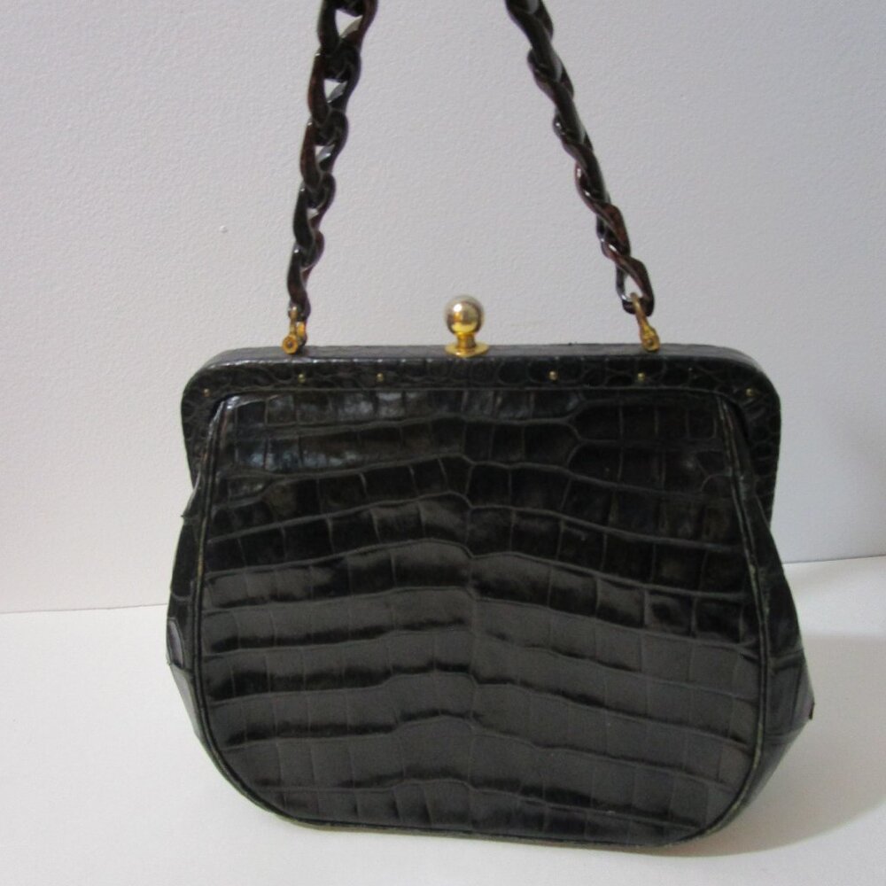 Crocodile Purse Top Handle Frame Vintage 1950s Glossy Black - Picture 4 of 16